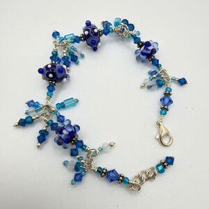 ~7" Crystal, glass seed bead, and blown glass bracelet in 925 sterling silver!